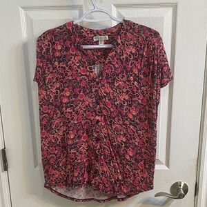 Eliane Rose Pink Navy Blue Floral Button Down Short Sleeve Blouse Women’s Medium